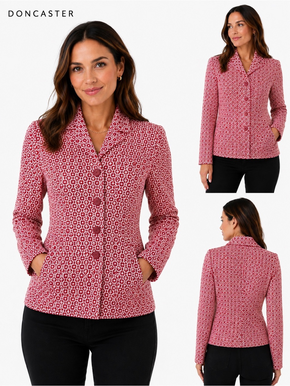 Vintage Doncaster 100% Silk Blazer Jacket Size 4 pink White Geometric Lattice